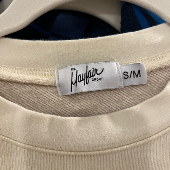 The Mayfair just be nice Cream and Navy Graphic Sweater small medium NWOT - Picture 3 of 4